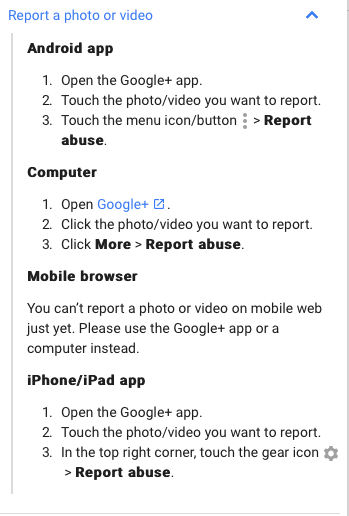 Report Photos or Video on Google+