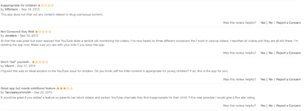 Bad reviews for YouTube Kids